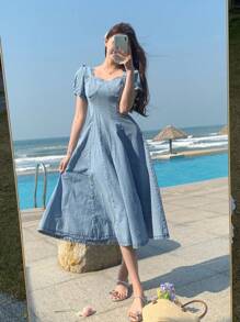 DAZY 女士方领短款泡泡袖牛仔连衣裙 - 淺色水洗藍 - 查看 8