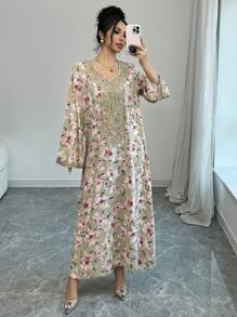 Al Najma Arabic Style Long Sleeve Casual & Fashionable Everyday Outfit, Modest Kaftan - Multicolor - View 1