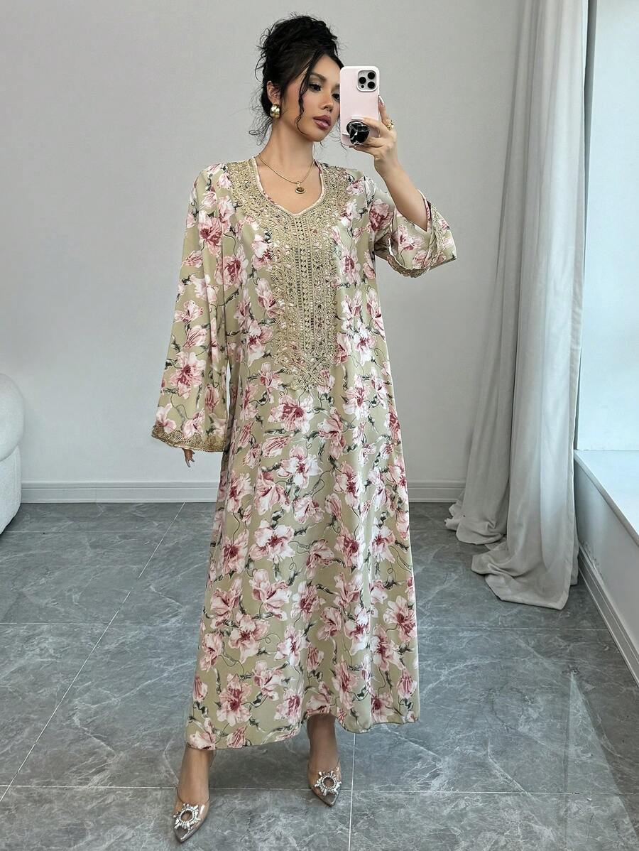 Al Najma Arabic Style Long Sleeve Casual & Fashionable Everyday Outfit, Modest Kaftan - Multicolor - View 1