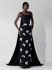 Elitara 优雅华丽的黑白对比弹力针织手工蝴蝶结水晶水滴装饰宽肩带胸杯性感露背丝带可拆卸拖尾适合约会、单身派对、正式场合、舞会、鸡尾酒会、晚礼服（做工精细）、派对礼服、礼服、晚会、婚礼宾客 - 黑色 - 查看 2