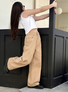 SHEIN Jeans básicos informales de pierna ancha 3/4 de color blanco para niñas