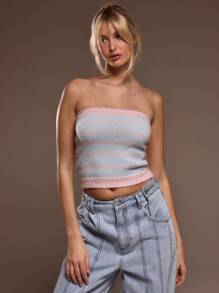 MUSERA Top bandeau tejido de manga larga y ajustado con rayas de contraste, informal, bonito, estilo Y2K de los 90, ideal para el brunch de primavera y verano