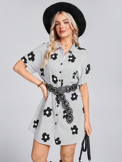 Wildy Women's Summer Stand Collar Raglan Sleeve Floral Striped Front Button Down Shirt Dress