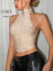 SHEIN ICON Glitter Y2k Party Crop Top With Back Knot And Halter Neck Strap