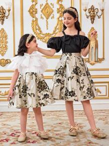 SHEIN Leap Crew Conjunto de 2 piezas para niñas preadolescentes con top sin mangas con hombros descubiertos con gran lazo decorativo y falda plisada con elegante estampado floral jacquard negro y dorado, vestido de niña de las flores, apto para fiesta, vuelta al colegio, elegante y estilo francés princesa - Negro - Ver 3