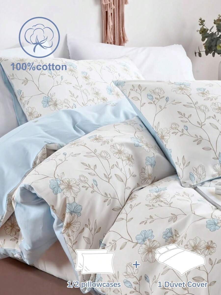 2/3pcs Printed Light Blue Flower Spring And Summer Flower Quilt Cover Set, Boys And Girls,School Student,Dormitory Dress-Up,Bedding, Soft And Skin-Friendly Quilt Cover, Printed Quilt Cover And Pillowcase, Excluding Quilt Cover, Suitable For Double Full-Size Queen Bed, Suitable For All Seasons, Home Decoration, Gifts, Machine Washable Quilt Cover Pillowcase Set Of Three,TwinFullQueenKing