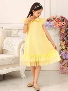 Holiday,Summer,Travel  Tween Girls Elegant Yellow Mesh Patchwork Faux Fur Midi Dress - Yellow - View 4