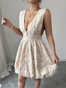 SHEIN Unity Women Elegant Solid Color Jacquard Sleeveless Short Casual Dress - Apricot - View 6