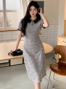 DAZY 女士短袖撞色领连衣裙，简约时尚休闲日常穿着