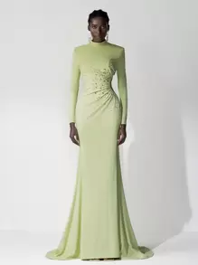 Elitara 极简主义绿色水钻和人造珍珠褶皱美人鱼长裙，婚礼宾客礼服，适合晚会、正式晚宴和庆典，派对礼服，礼服 - 綠色 - 查看 6