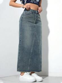 Jeanoix 休闲洗水高腰长款牛仔半身裙 - 深色水洗藍 - 查看 4