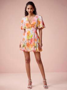 Enchnt Vestidos cortos de mujer con estampado floral, escote en V, mangas abultadas e imitación de lino, románticos y elegantes para el Día de San Valentín, vacaciones, citas dulces y uso diario - Naranja - Ver 7