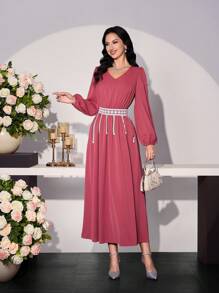 Modelyn Damen langes, elegantes Kleid mit gerüschter Taille, ausgestelltem Rock, für Frühling/Sommer