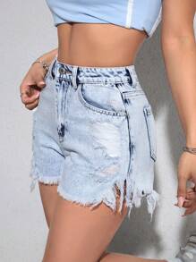 SHEIN PETITE Women Casual Washed Ripped Distressed Denim Shorts - Blue - View 4