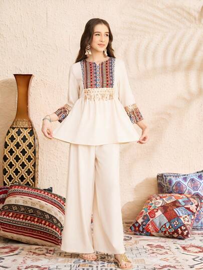 SHEIN Teen Girls Holiday Geometric Print Splice Beaded Tassel Loose 3/4 Sleeve Top & Wide Leg Pants Elegant 2 Pieces Set