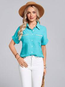SHEIN LUNE 女士单排扣口袋贝壳边短袖休闲衬衫 - 水鴨藍 - 查看 5