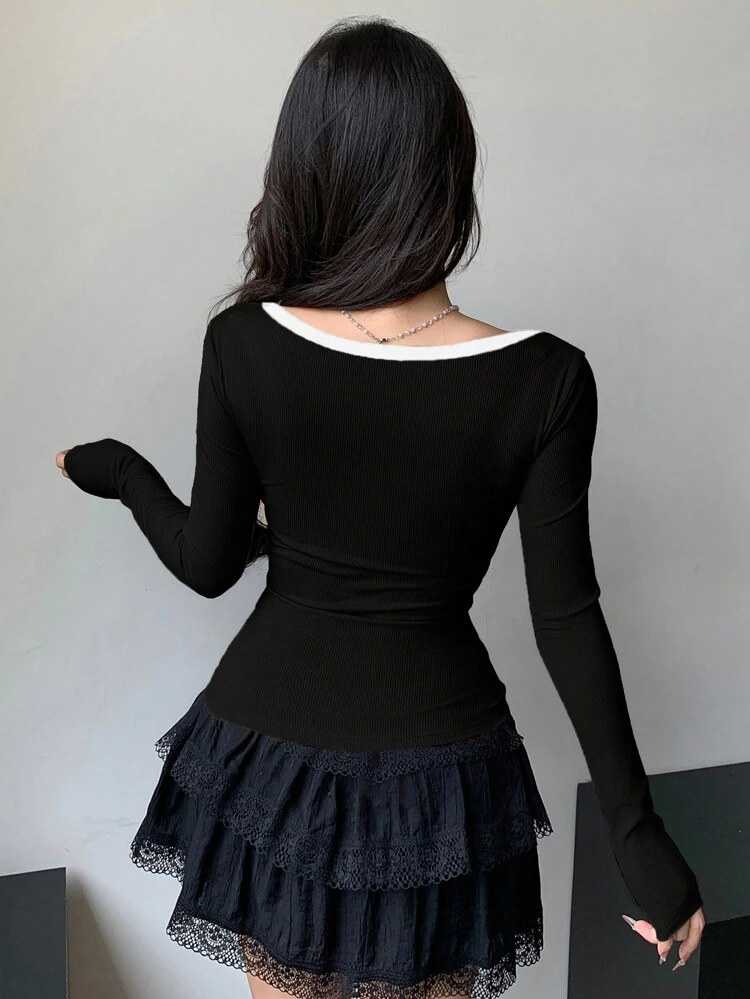 Fall New Color Block Bowknot Decor Fitted Women T-Shirt Long Sleeve Women Tops