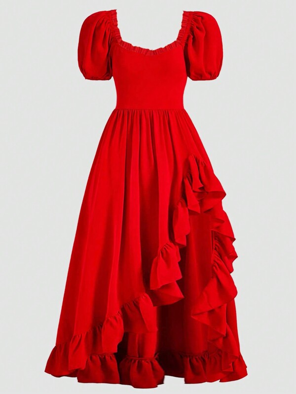 SHEIN Tween Mädchen Sommer Kurzarm Asymmetrisches Langes Rotes Kleid, Rotes Abendkleid, Zum Valentinstag