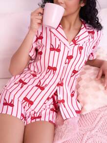 SweetSlumber 1 zestaw damski pasiasty kokardkowy dekoracyjny krótki rękaw guzik z przodu top i spodenki piżama set