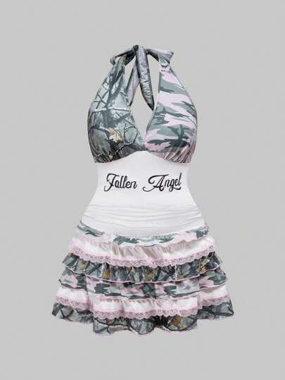 ROMWE Avant Millennium Y2K Camo Patchwork Tie-Up Sexy Mini Bodycon Dress