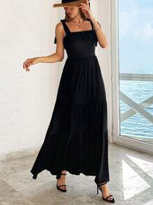 EURMUSE Women's Solid Ruffle Detailed Maxi Dress - Black - View 3