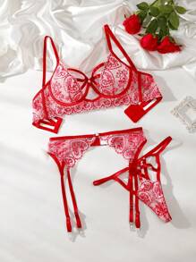 3 pièces Ensemble de lingerie sexy avec cœurs ajourés, croisé et à motif floral romantique, idéal pour la Saint-Valentin