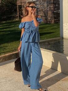 DAZY 女士甜美泡泡袖抽绳上衣和卷边直筒裤套装，荷叶边，女士两件套 - 中等水洗藍 - 查看 5