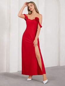 SHEIN Clasi 优雅露肩玫瑰印花修身开衩女式连衣裙，90 年代服装，红色连衣裙，优雅大方，节日 - 紅色 - 查看 3