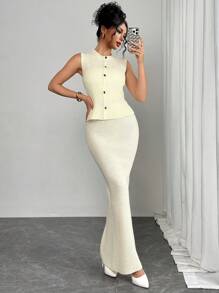 SHEIN Privé 女士春季优雅浪漫时尚通勤性感杏色羊毛背心 + 裙子两件套适合派对、度假、返校、浪漫约会和生日、婚礼季、毕业季、情人节、复活节 - 白色 - 查看 2