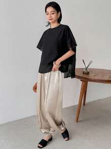 FRIFUL Women's Black Loose Drop Shoulder Shirt, Business Casual Summer - Black - View 5