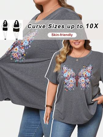 SHEIN CURVE+ Lässiges Damen T-Shirt in Große Größen mit Schmetterlingsprint, Rundhalsausschnitt und Kurzarm, ideal für Sommer und Strandurlaub