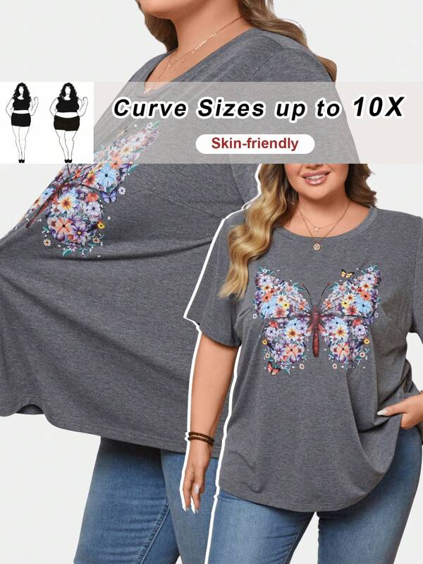 SHEIN CURVE+ Tricou casual pentru damă, cu mânecă scurtă, cu gât rotund, cu imprimeu de fluturi, de mărime mare, potrivit pentru vară, stațiune pe plajă