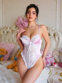 SHEIN 可爱、性感、透明缎面花卉蕾丝褶皱下摆、蝴蝶结女式连体裤、粉色、白色、音乐节 - 粉色 - 查看 5