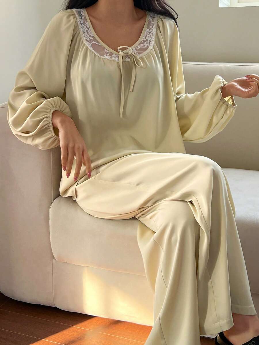 DAZY Lightweight Satin & Lace Patchwork Lantern Sleeve Ladies Pajama Set - Yellow - View 1
