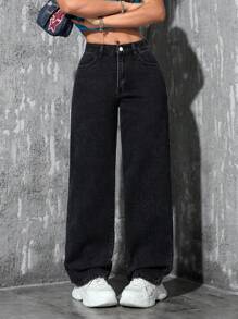 SHEIN PETITE Women's Simple Fashion Casual Everyday Denim Jeans - Black - View 1