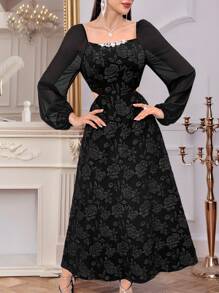 Modelyn Vestido largo elegante de manga larga con parches de malla y decoración de cristales para mujeres - Negro - Ver 1