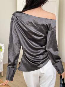 DAZY Blusa elegante de mujer con cuello asimétrico y cintura, manga larga, top con hombros descubiertos, tops para salir - Gris - Ver 4