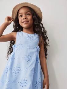 Maija Kids Maija Kids 年轻女孩简约休闲时尚无袖收腰镂空刺绣迷你连衣裙，适合外出、居家、度假、日常穿着、春夏季 - 藍色 - 查看 4