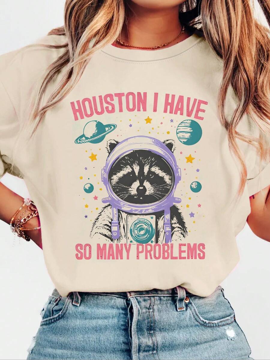 Flirla Raccoon T-Shirt - Funny Vintage Raccoon Tee - Raccoon Astronaut T-Shirt - Retro Pattern Shirt - Raccoon Print T-Shirt For Women Graphic Tees Women Tops - Khaki - View 1