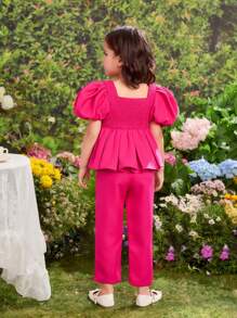 2 Pieces Set: Woven Solid Square Neck Puff Sleeve Blouse + Fitted Woven Long Pants, For Young Girl