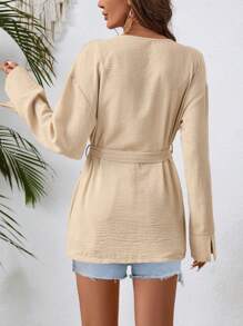 Breezaya Women's Elegant Open Front Long Sleeve Tie Waist Pockets Loose Thin Blazer For Spring & Summer - Khaki - View 2