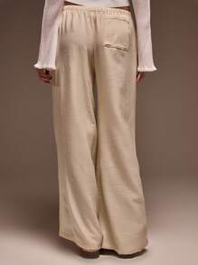 MUSERA Mid Rise Drawstring Waist Linen Wide Leg Trouser Summer Cute Vacation Sexy Chic Elegant Casual - Cream - View 3