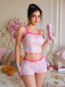 SHEIN 2 件套花卉蕾丝双色蝴蝶结透明性感内衣套装，粉色 - 粉色 - 查看 4