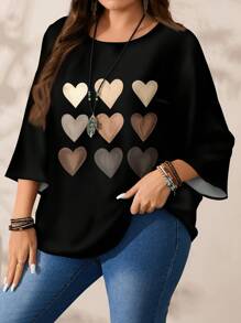 EMERY ROSE 大码女式心形渐变网格图案印花休闲宽松 3/4 袖衬衫，适合春夏季