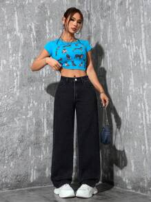 SHEIN PETITE Women's Simple Fashion Casual Everyday Denim Jeans - Black - View 2