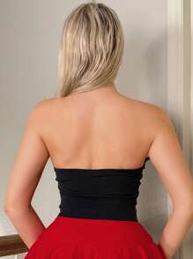 Sweetina Women's Fashion Contrast Color Strapless Red And Black Valentine's Day Tunic Top With 3D Floral Decor