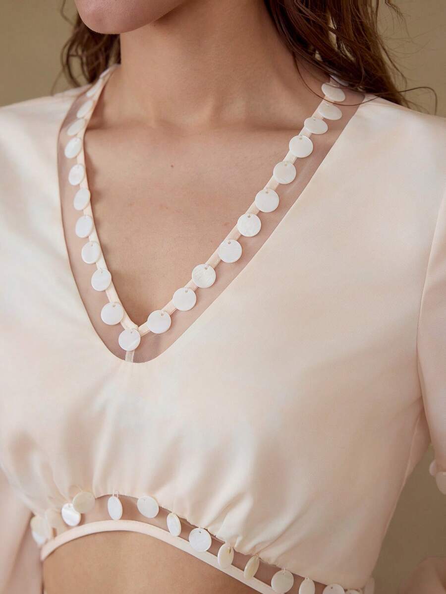 MOTF CONTRAST MESH CROP TOP & RUFFLE SKIRT - Apricot - View 2