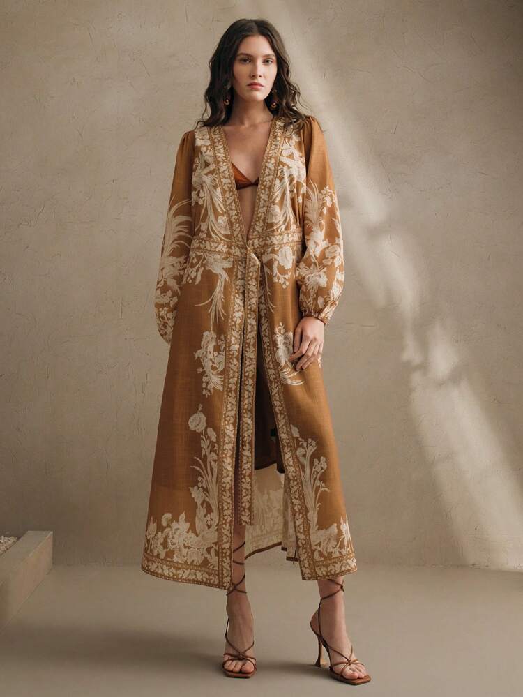 Retro Lantern Sleeve Printed Dress, Bohemian Style, Spring Outfits For Women