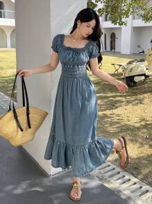 DAZY 女式方领短袖牛仔连衣裙，束腰，夏季 - 中等水洗藍 - 查看 3