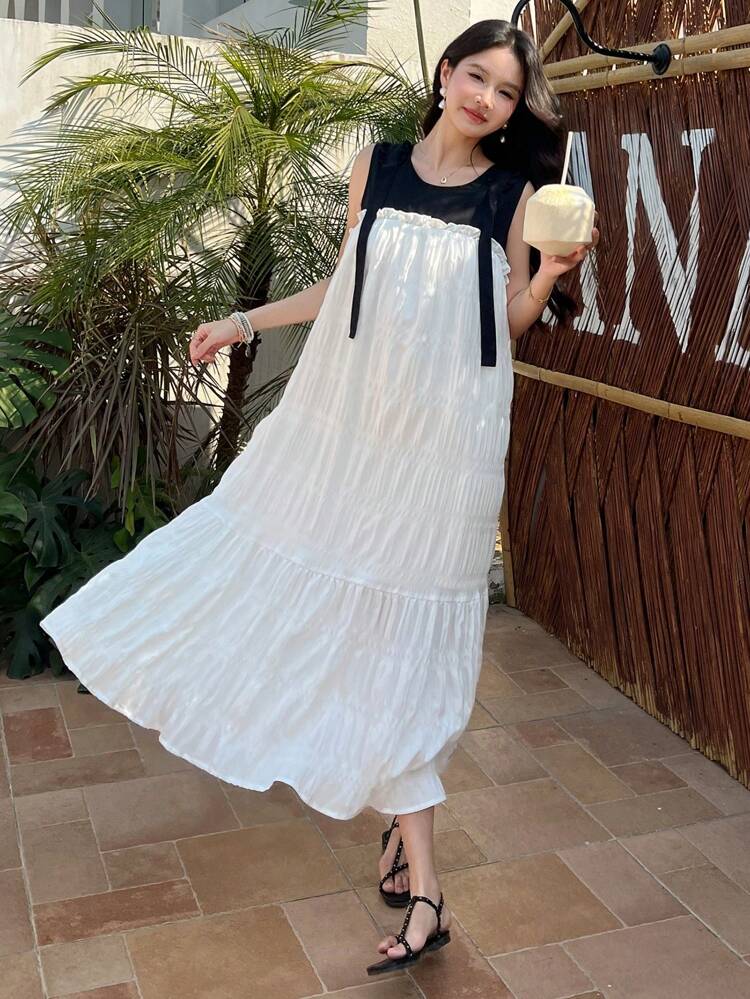 Women's Color Block Sleeveless Midi Casual Dress,Ruffle